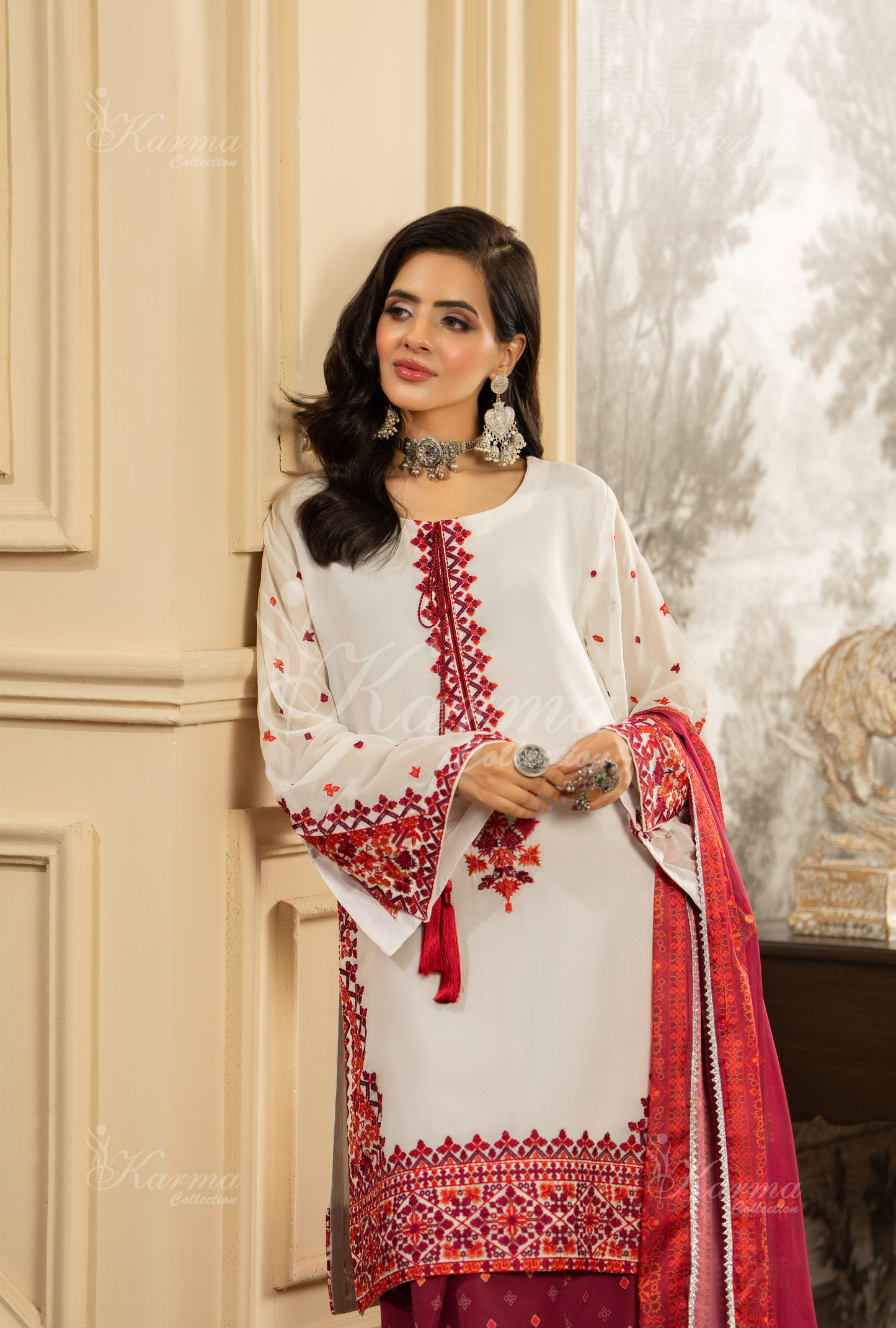 Crimson Red luxury dress Pakistan – front view