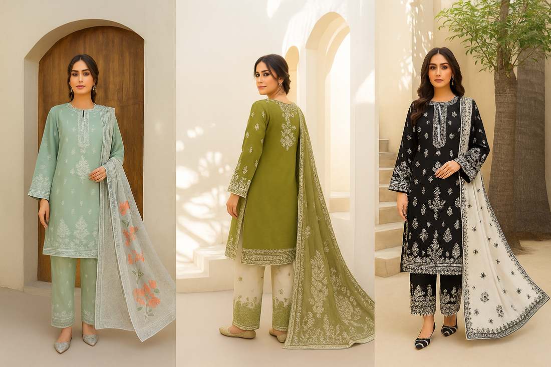 Collage of three Pakistani lawn outfits from Karma Collection, featuring pastel green, olive green, and black embroidered suits modeled outdoors with elegant dupattas and traditional detailing