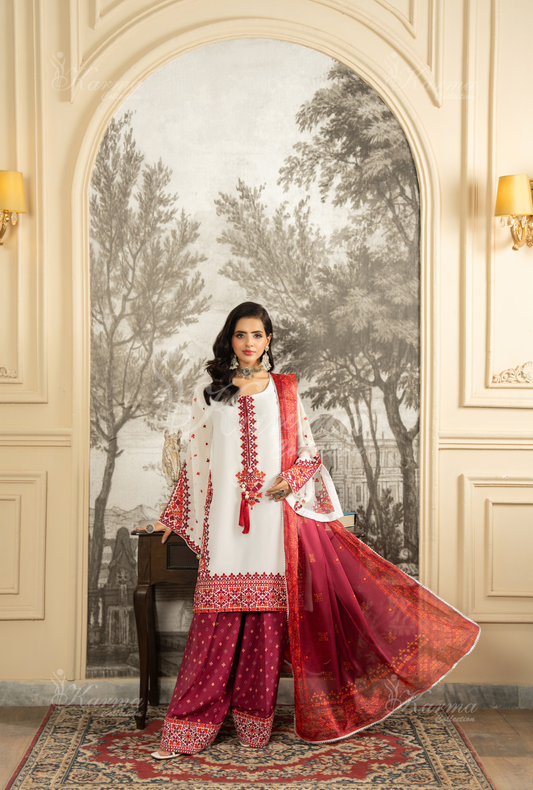 Crimson Red luxury dress Pakistan – front view