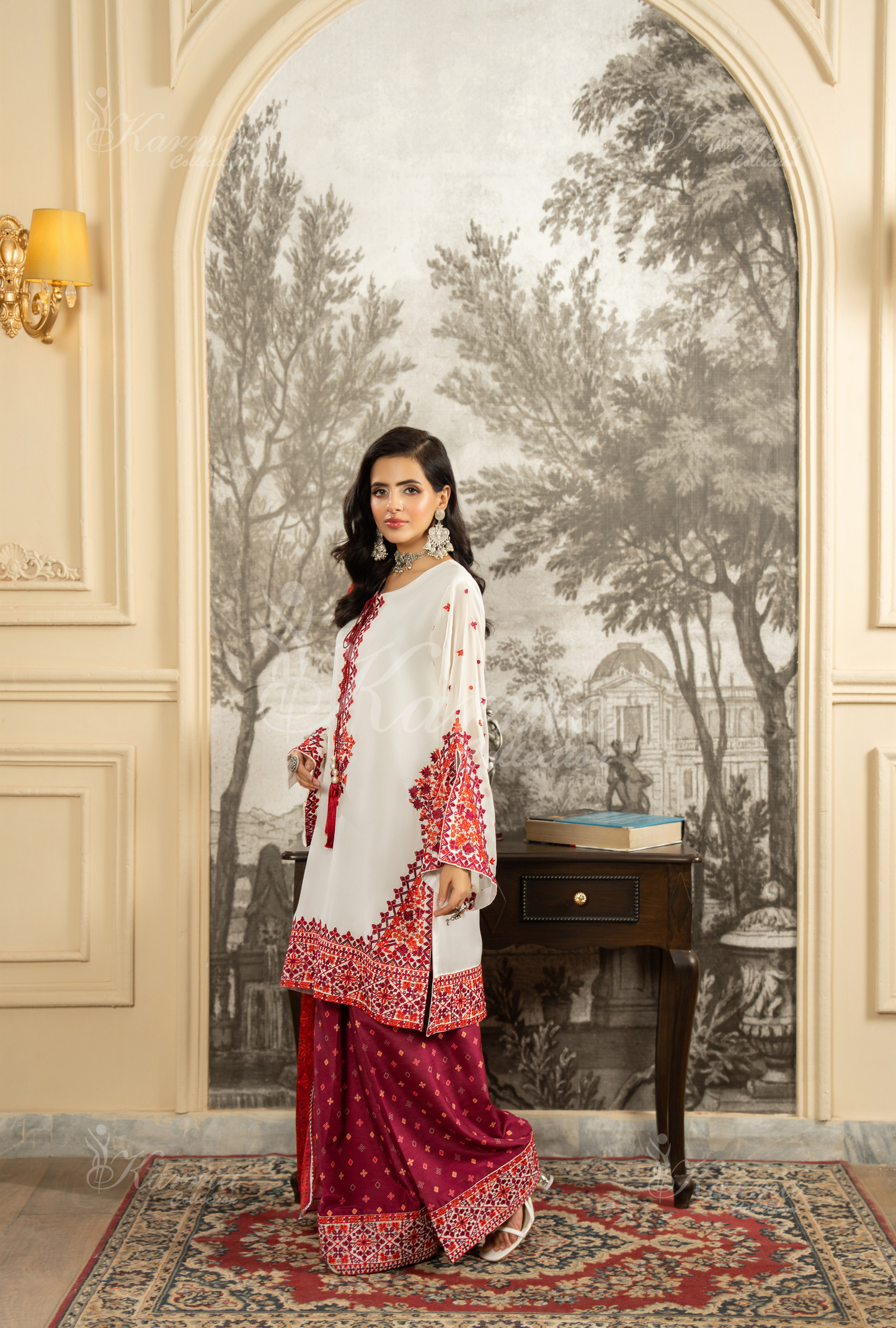 Crimson Red luxury dress Pakistan – front view