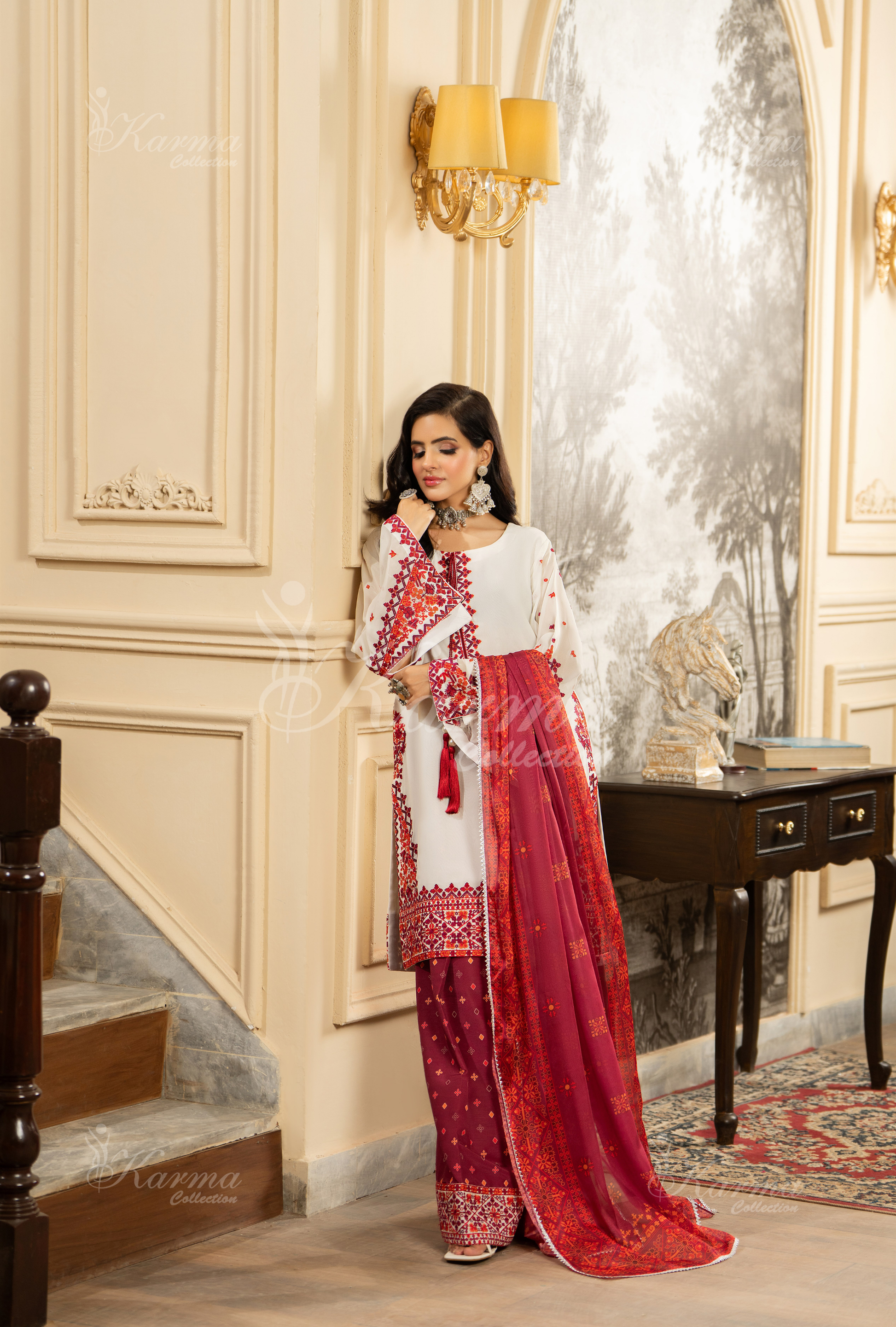 Crimson Red luxury dress Pakistan – front view