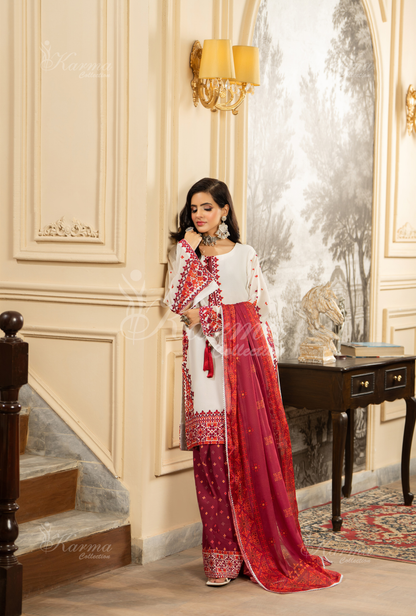 Crimson Red luxury dress Pakistan – front view
