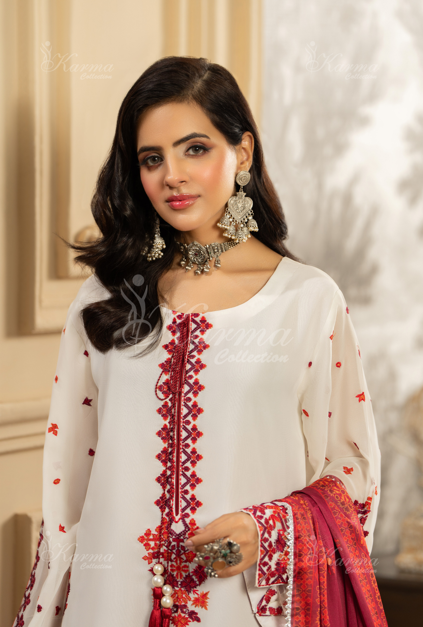 Crimson Red Luxury Dress Pakistan - Georgetta Shirt & Silk Dupatta
