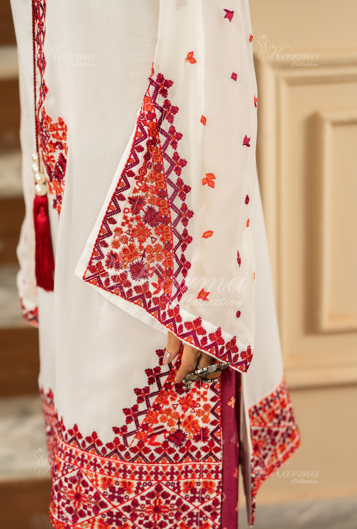 Crimson Red Luxury Dress Pakistan - Georgetta Shirt & Silk Dupatta