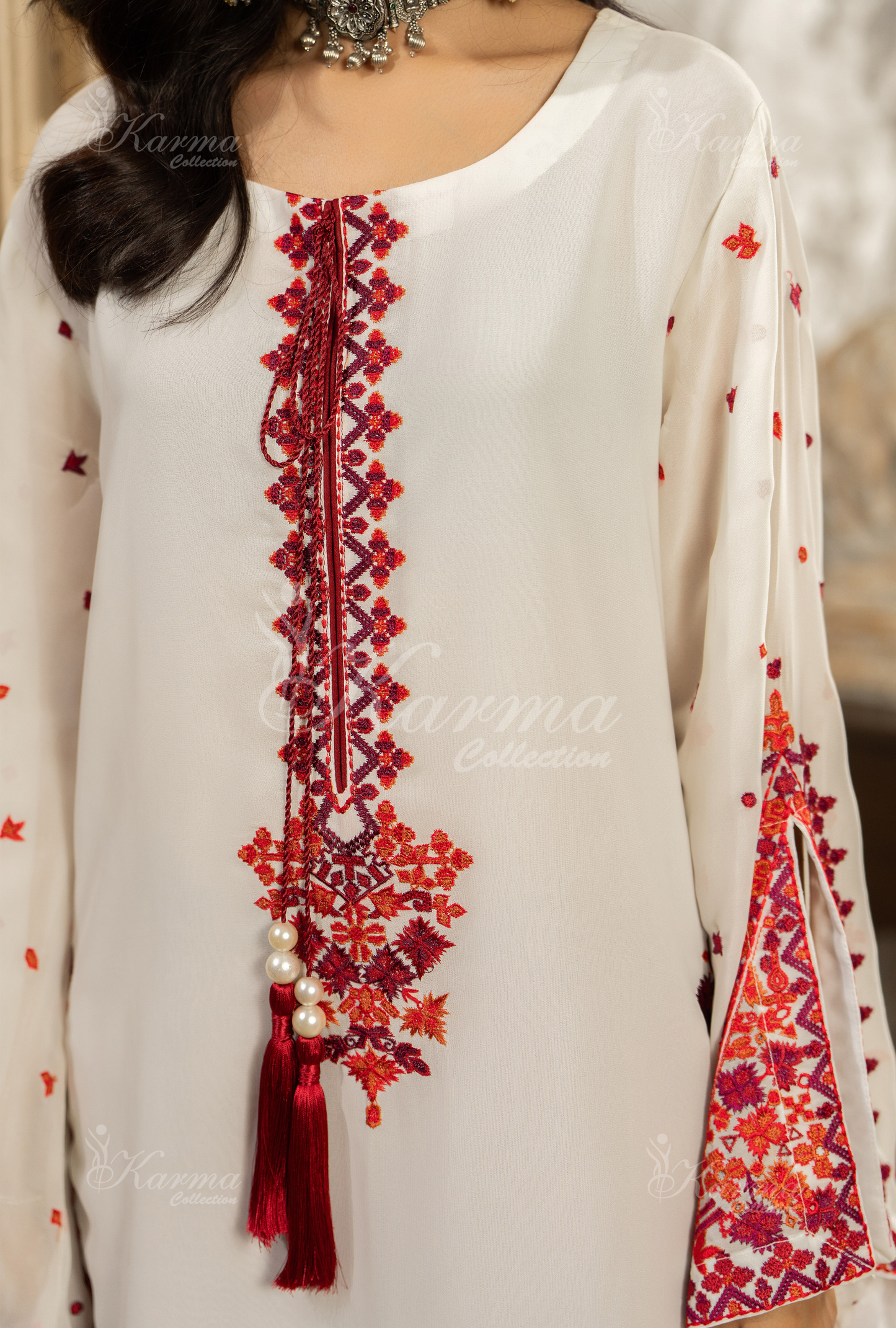 Crimson Red Luxury Dress Pakistan - Georgetta Shirt & Silk Dupatta